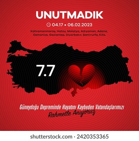 6 Şubat 2023 Türkiye Kahramanmaraş Depremi. Unutmadık. Translation: 6 february 2023 Türkiye Earthquake. We did not forget.