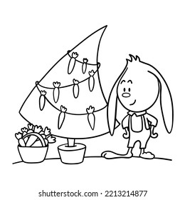 6 - 25 Cute bunny decorates Christmas tree with carrots. Christmas, New Year and Easter contour vector illustration for banner, cards and product design. Collection of rabbits in cartoon style. Fun
