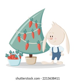 6 - 25 Cute bunny decorates Christmas tree with carrots. Christmas, New Year and Easter coloured vector illustration for banner, cards and product design. Collection of rabbits in cartoon style. Fun