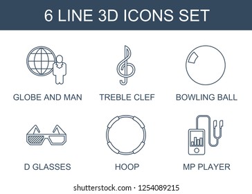 6 3d icons. Trendy 3d icons white background. Included line icons such as globe and man, treble clef, bowling ball, d glasses, hoop, mp player. 3d icon for web and mobile.