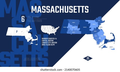 6 of 50 states of the United States, divided into counties with territory nicknames, Detailed vector Massachusetts Map with name and date admitted to the Union, travel poster and postcard