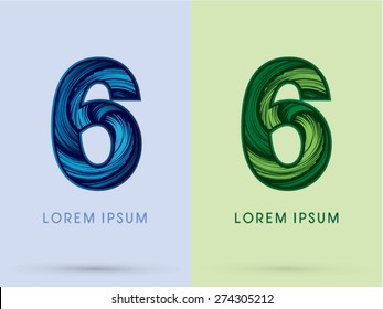 6 ,Abstract Number , font, concept Spin water, wind and natural, designed using blue and green grunge brush,sign 