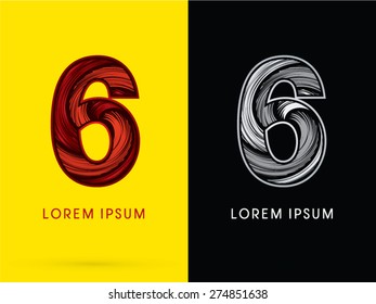 6 ,Abstract Number , font, concept  Spin, designed using red,black and white, grunge brush, sign.