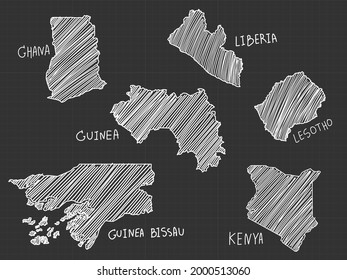 6 of Africa map white line  freehand sketch on black background.
