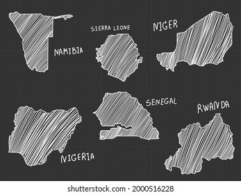 6 of Africa map white line  freehand sketch on black background.