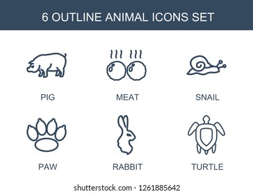 6 animal icons. Trendy animal icons white background. Included outline icons such as pig, meat, snail, paw, rabbit, turtle. animal icon for web and mobile.
