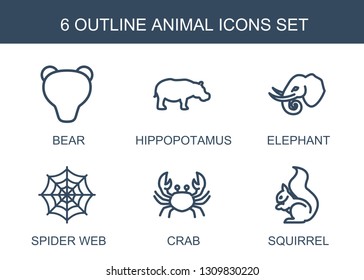 6 animal icons. Trendy animal icons white background. Included outline icons such as bear, hippopotamus, elephant, spider web, crab, squirrel. animal icon for web and mobile.