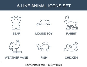 6 animal icons. Trendy animal icons white background. Included line icons such as bear, mouse toy, rabbit, weather vane, fish, chicken. animal icon for web and mobile.