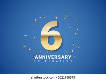 6 anniversary background with golden numbers, confetti, stars on bright blue background. Vector Illustration EPS10