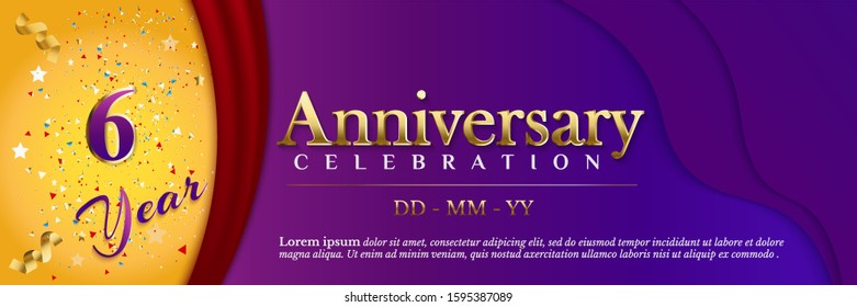 6 Anniversary celebration banner template with ribbon and red curtain on luxury purple paper cut background