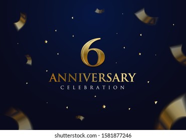  6 Anniversary celebration design on luxury royal blue background with stars, glitters and streamer ribbons. Vector festive illustration. Birthday or wedding party event decoration.