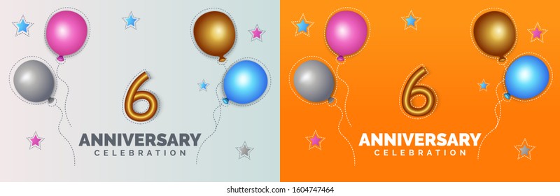 6 anniversary celebration two design with stars and balloons background. anniversary celebration for child design.