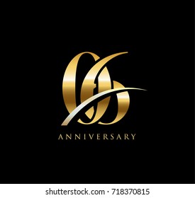 6 anniversary elegance gold logo. linked number with swoosh on black background