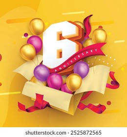 Plantilla del logotipo del aniversario 6 en una caja de regalo con un fondo amarillo y globos. Celebración del sexto aniversario con una cinta roja y globos. Concepto de caja de regalo para una tarjeta de invitación de aniversario.