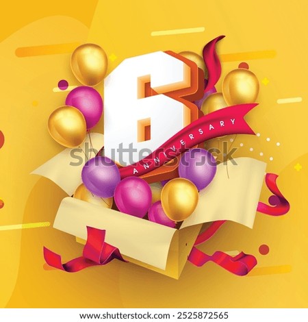 6 anniversary logo template on a gift box with a yellow background and balloons. 6th anniversary celebration featuring a red ribbon and balloons. Gift box concept for an anniversary invitation card.