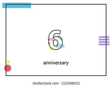 6 Anniversary simple black line with memphis ornaments isolated on white background