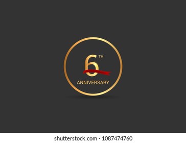 6 anniversary vector design golden color with ring and red ribbon isolated on black background