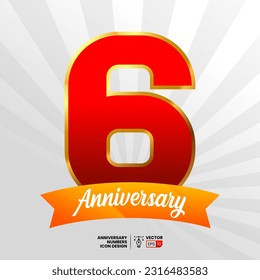 6 Aniversario de los números de letra vectoriales con fondo de cinta y arranque. Adecuado para diseño de icono, logotipo, símbolo, signo, saludo, tarjeta, afiche o banner
