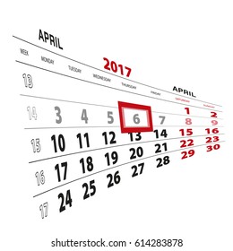 6 April highlighted on calendar 2017. Week starts from Monday. Vector Illustration.