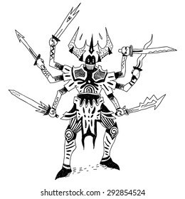 6 arms warrior character with swords vector drawing isolated on white background
