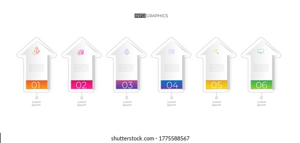 6 Flecha y partición Gradiente de color Gradiente de color de papel origami plantilla info-gráfica para la gráfica de presentación del diagrama
y concepto de negocio con opciones de 5 ó 6 elementos