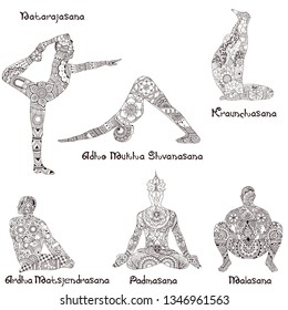 6 asanas in yoga. Silhouettes of decorated pattern in the style of Indian Mehndi.