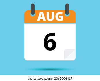 6 August. Flat icon calendar isolated on blue background. Vector illustration.
