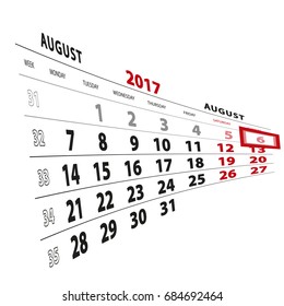 6 August highlighted on calendar 2017. Week starts from Monday. Vector Illustration.