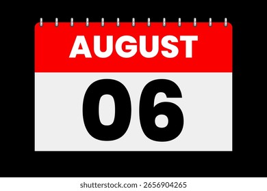 6 august month single day vector, illustration, calendar with red, off-white and black color background calendar icon of august 6