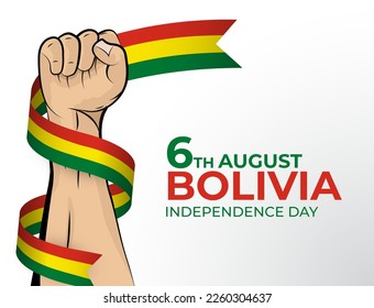 6 August. Vector illustration of Happy Independence Day greeting card for the country of Bolivia with clenched fists and a flag ribbon. Use for banners on a white background.