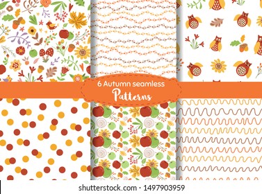 6 Autumn seamless pattern set Hand drawn nature fall endless texture Fall floral design Orange yellow leaves flowers owl apple acorns Striped lines circle elements. Cute texture. Vector illustration.