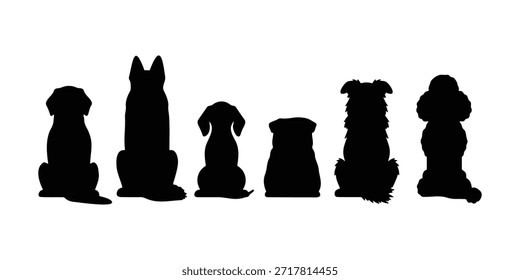6 back view cão sentado silhueta vetor plano projeto de ilustração.