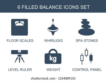 6 balance icons. Trendy balance icons white background. Included filled icons such as floor scales, whirligig, spa stones, level ruler, weight. balance icon for web and mobile.