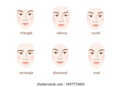 6 Basic Face Shapes Are Oval, Round, Diamond, Oblond, Triagle, Rectangle. Cute Illustration Of Woman Face. Contour Line Illustration For Beauty Salons, Cosmetics. 