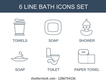 6 bath icons. Trendy bath icons white background. Included line icons such as towels, soap, shower, toilet, paper towel. bath icon for web and mobile.
