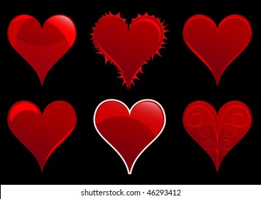 6 beautiful hearts set on a black background for valentine