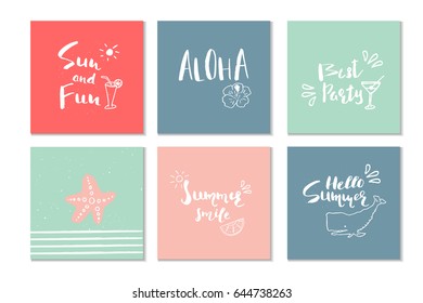 6 Beautiful summer posters with hand drawn lettering.  Template for sail, tropical vacation, banner, invitation, envelope, background, journal cards. 