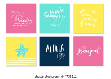 6 Beautiful summer posters with hand drawn lettering.  Template for sail, tropical vacation, banner, invitation, envelope, background, journal cards. 