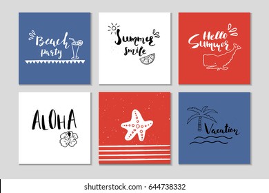 6 Beautiful summer posters with hand drawn lettering.  Template for sail, tropical vacation, banner, invitation, envelope, background, journal cards. 