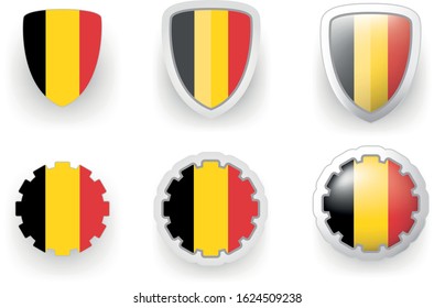 6 Belgium flag vector icons - button shield and gear, flat and volumetric style in flag colors black, yellow, red for flyer any holiday design or poster