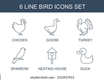 6 bird icons. Trendy bird icons white background. Included line icons such as chicken, goose, turkey, sparrow, nesting house, duck. bird icon for web and mobile.