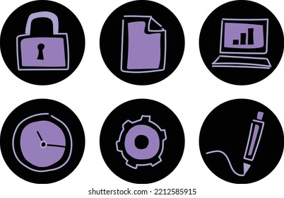 6 iconos de oficina negros y violetas redondeados