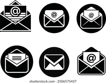 6 Black and white editable modern email icon set vector, editable stroke, mail symbols. Post mail vector symbol. Envelope icon. E-mail icon. Mail icon vector for web app or mobile app project.
