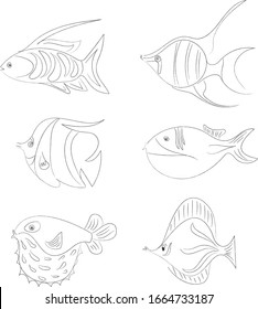 6 black and white fish doodles