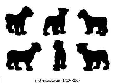 6 Black And White Set Vector Lion Cub Silhouette Isolated On White Background