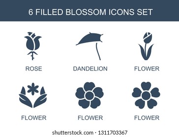 6 blossom icons. Trendy blossom icons white background. Included filled icons such as rose, dandelion, flower. blossom icon for web and mobile.