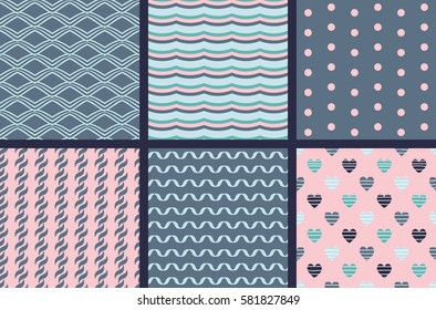 6 blue and pink seamless patterns for scrapbooks, greeting cards, wrapping paper, wallpaper, etc.