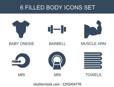 6 body icons. Trendy body icons white background. Included filled icons such as baby onesie, barbell, muscle arm, MRI, towels. body icon for web and mobile.