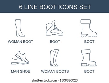 6 boot icons. Trendy boot icons white background. Included line icons such as woman boot, man shoe, woman boots. icon for web and mobile.