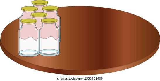 6 bottles of milk on the edge of the wooden table.
